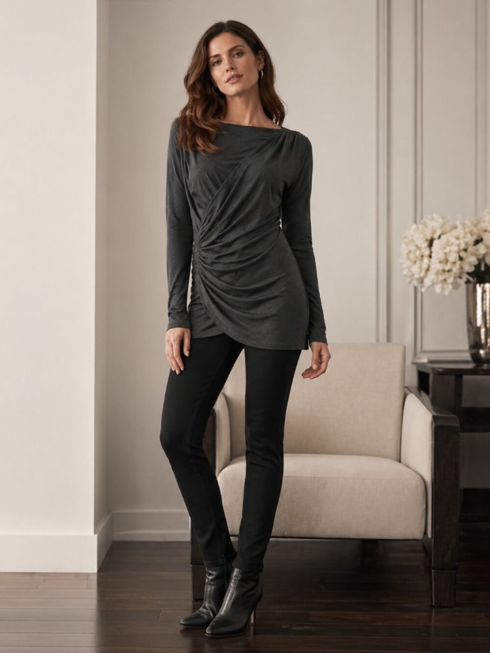 🌸 Kenneth Cole Reaction Charcoal Gray Ruched Long Sleeve Dress 🌸